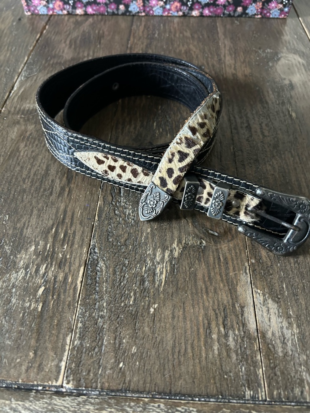 Aviator by Adelfio Vintage Belt Black Leather Faux Animal Print Made in Italy